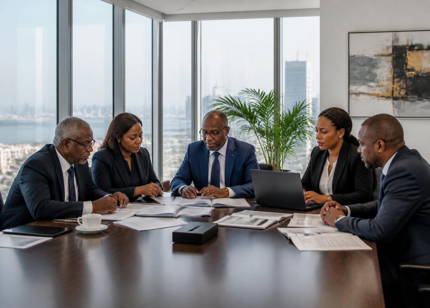 Equipa executiva angolana em sala de reuniões em Luanda