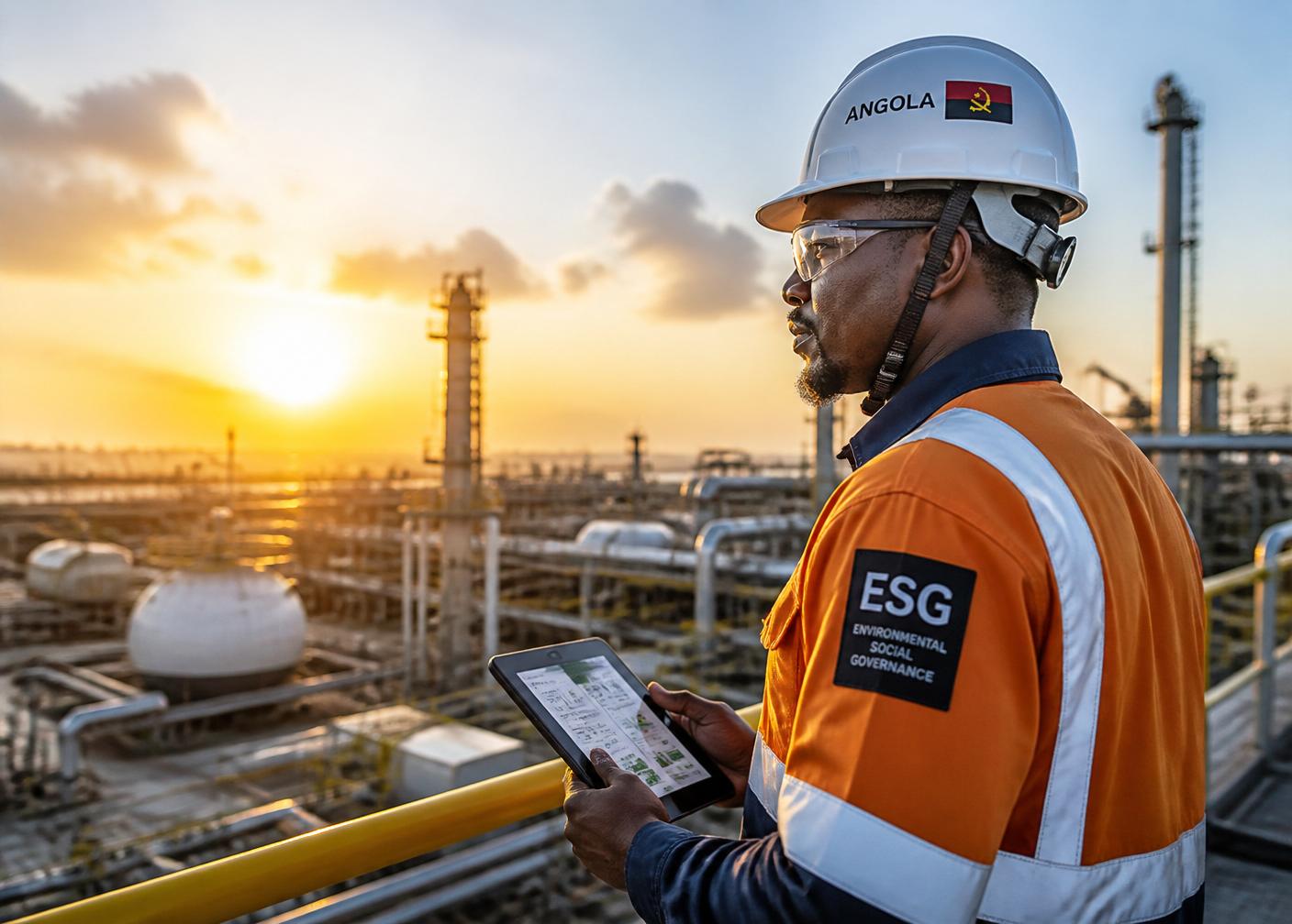 Técnica a inspeccionar uma instalação industrial num programa de sustentabilidade e ESG