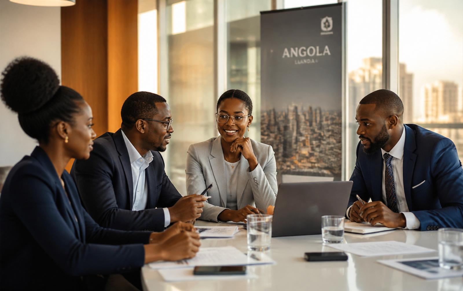 Equipa de consultores da Export Lab em reunião num escritório em Luanda, Angola